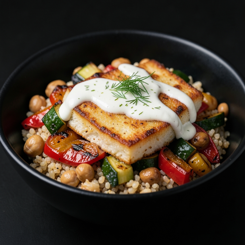 Crispy Halloumi and Roasted Vegetable Quinoa Bowls with Lemon-Dill Yogurt