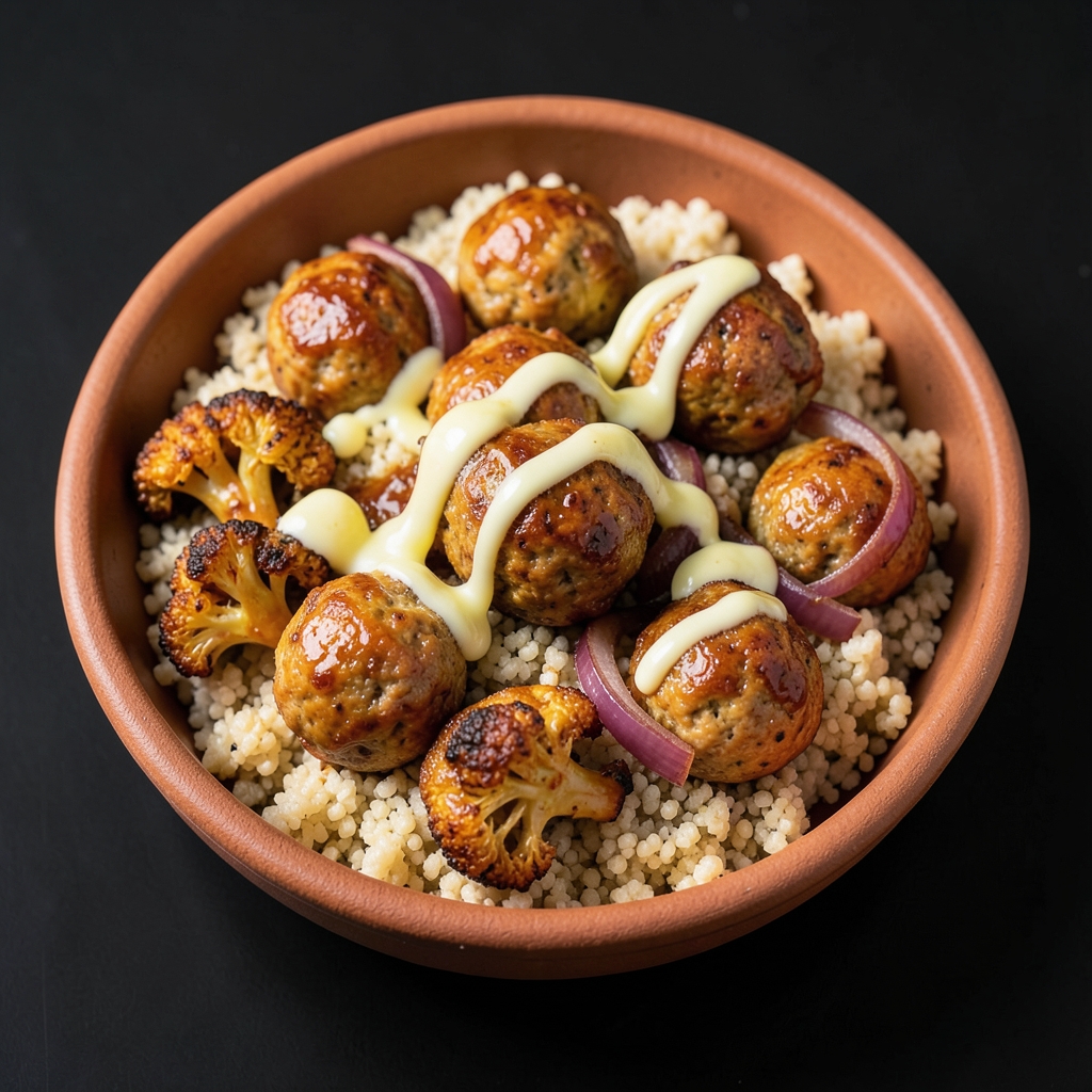 Sheet-Pan Harissa-Honey Chicken Meatballs with Roasted Cauliflower and Couscous