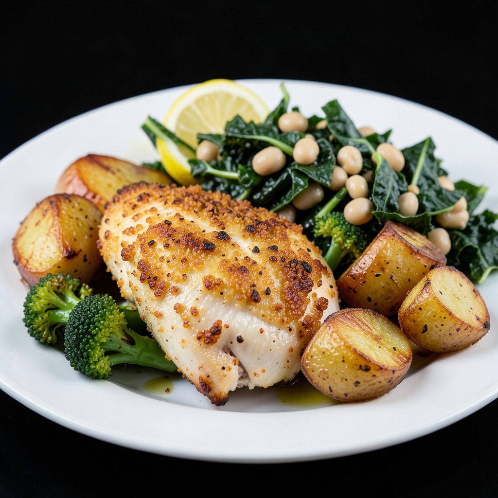 Crunchy Garlic Chicken with Roasted Potatoes and Warm Kale-White Bean Salad