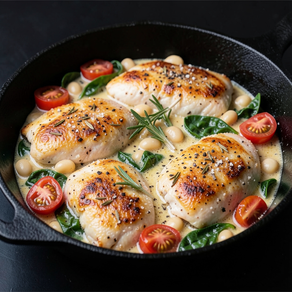 Skillet Tuscan Turkey Cutlets with White Beans and Burst Tomatoes