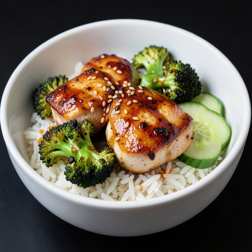 Ginger-Soy Chicken Thigh Rice Bowls with Charred Broccoli and Cucumber