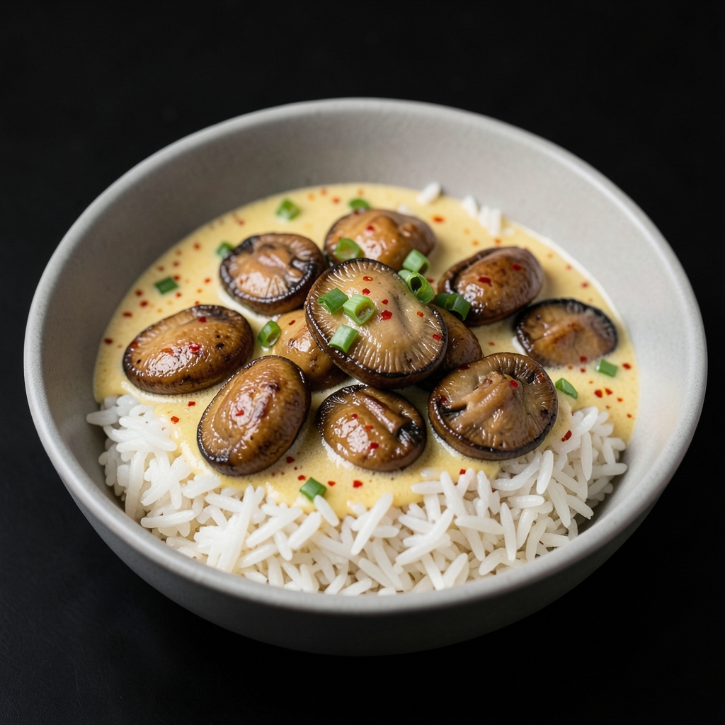Bhutanese-Inspired Chili-Cheese Braised Oyster Mushrooms with Fragrant Rice