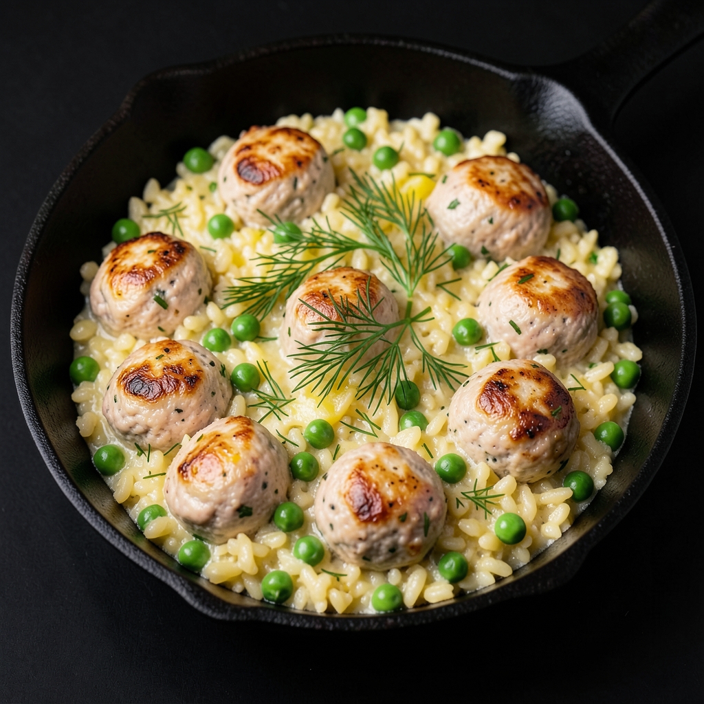 Lemony Turkey Meatball Orzo with Peas and Dill