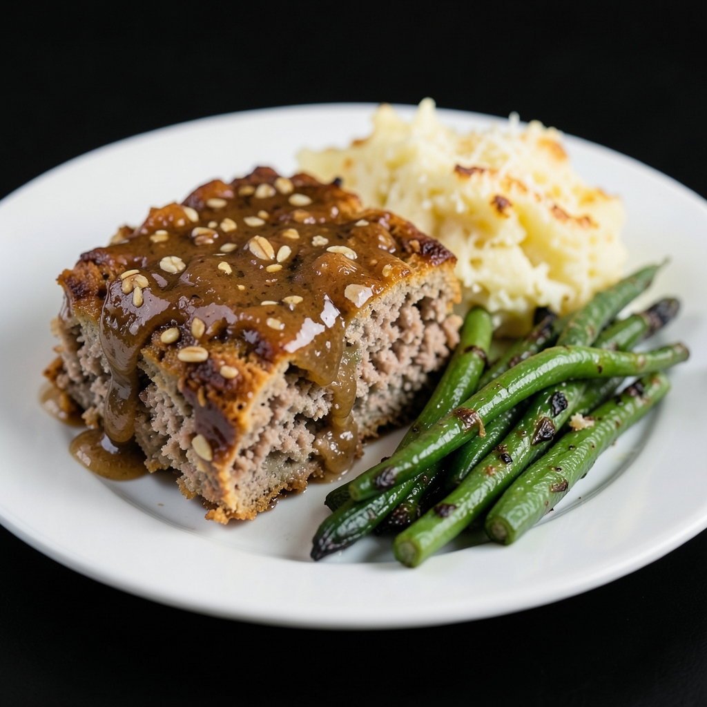 Tangy Glazed Meatloaf with Parmesan Smashed Potatoes and Green Beans