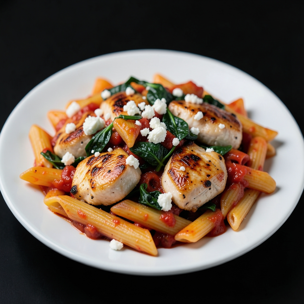 Roasted Red Pepper Chicken Penne with Spinach and Feta